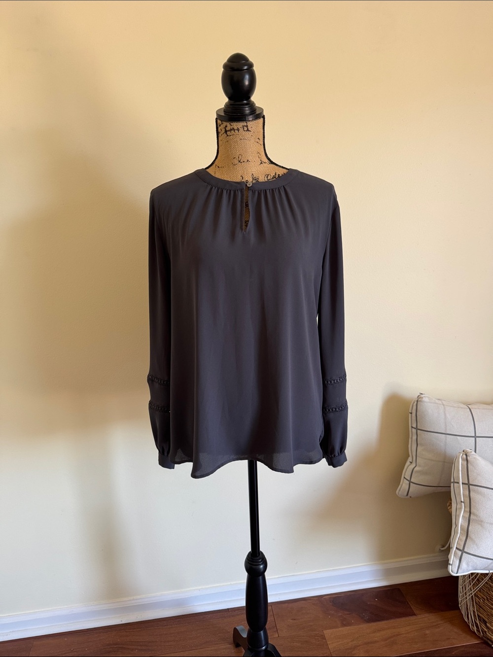 LOFT Charcoal Gray Keyhole Long-Sleeve Blouse